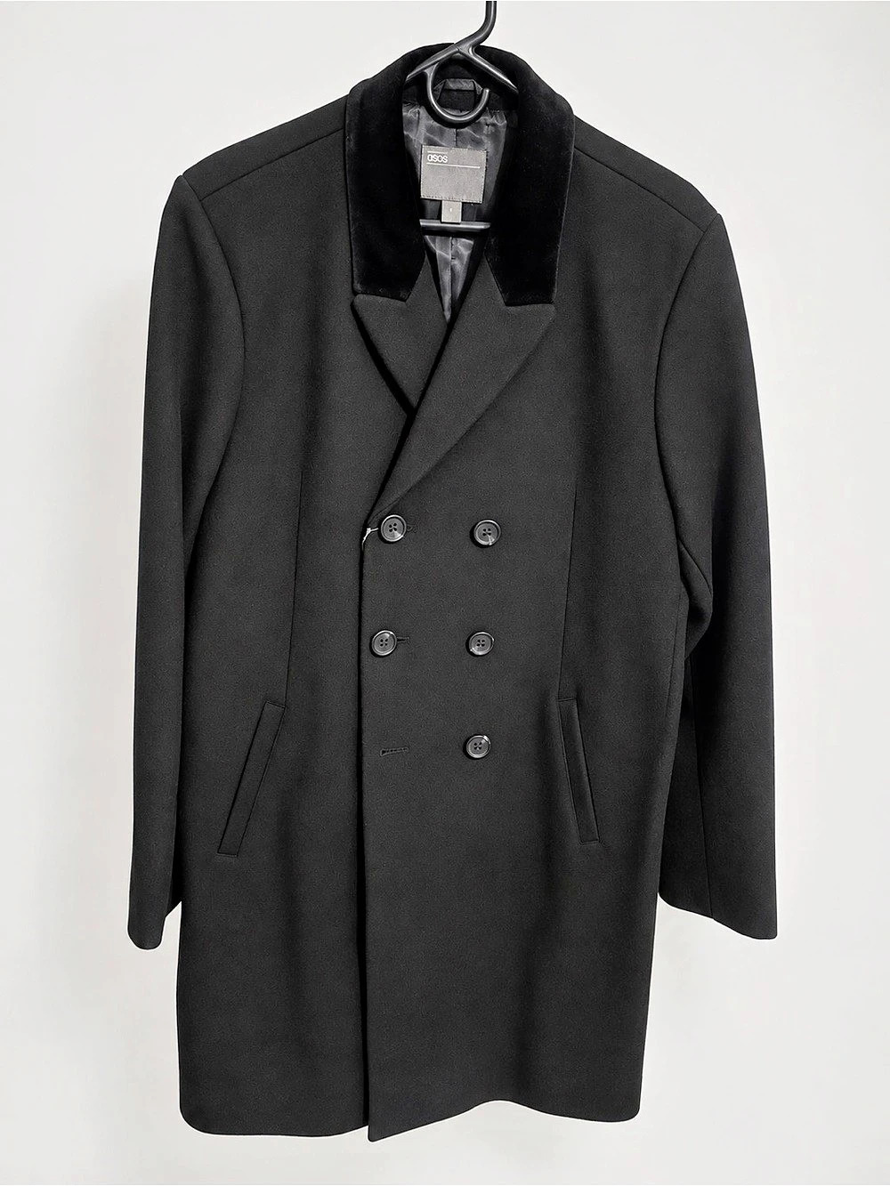 ASOS Men’s Black Double Breasted Long Overcoat Velvet Collar New With Tags